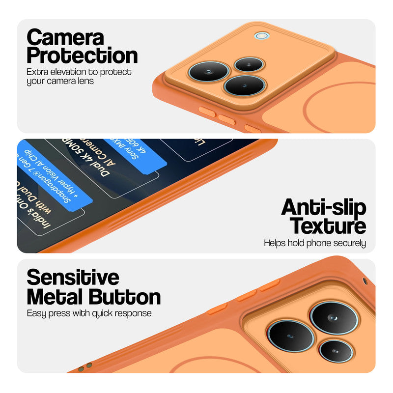 Orange Phone case for Realme P4 Pro 5G highlighting raised camera protection, anti-slip texture, and responsive side buttons