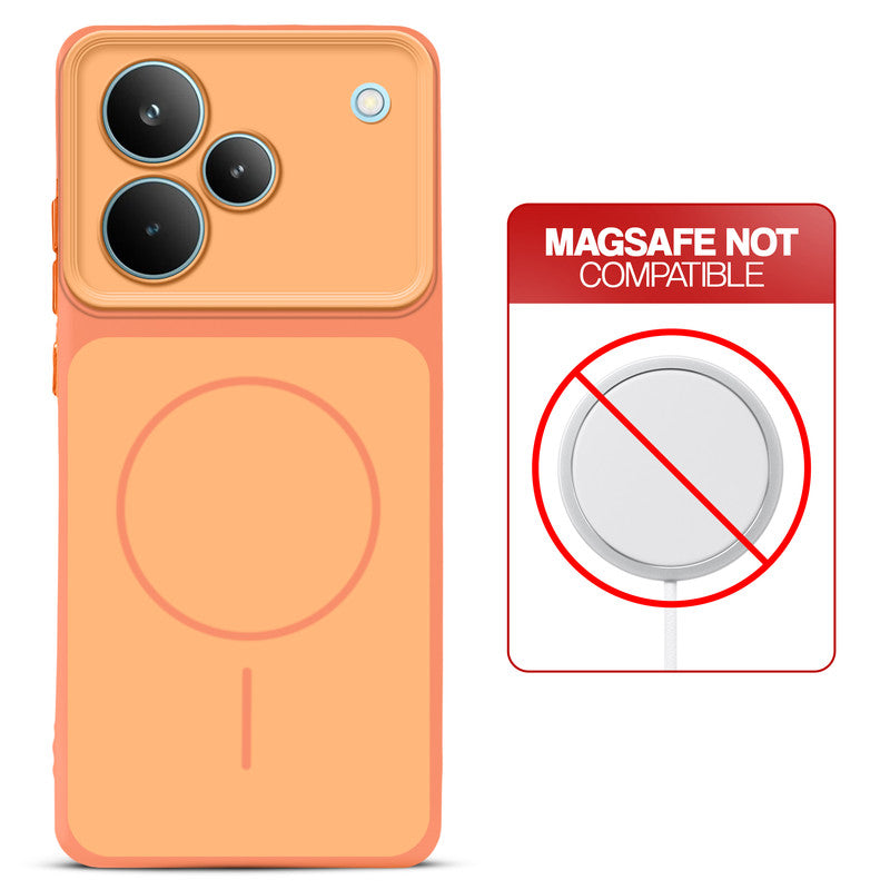 Dual tone silicone Orange phone cover for Realme P4 Pro 5G showing wireless charging not supported notice