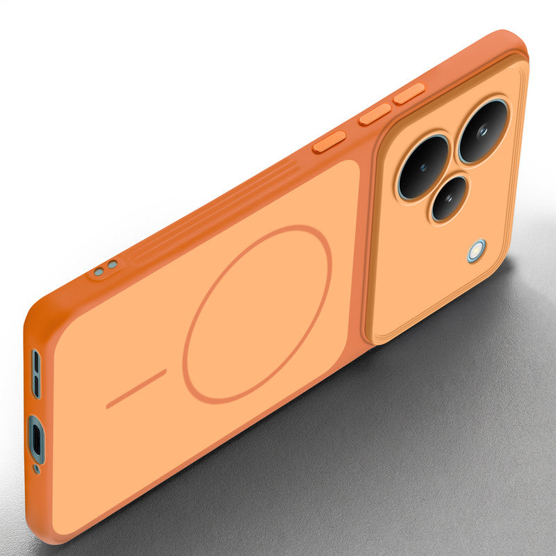 Slim silicone Orange phone case for Realme P4 Pro 5G side angle view showing grip texture and precise cutouts