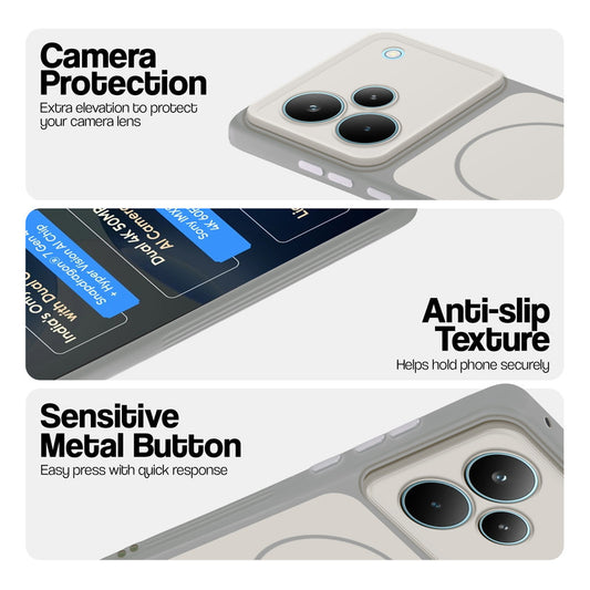 White Phone case for Realme P4 Pro 5G highlighting raised camera protection, anti-slip texture, and responsive side buttons