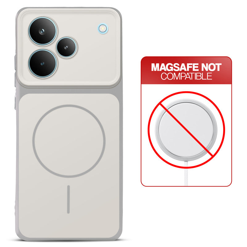 Dual tone silicone White phone cover for Realme P4 Pro 5G showing wireless charging not supported notice