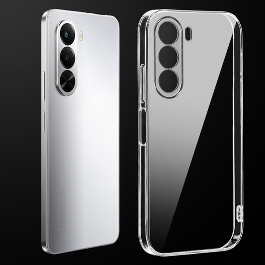 Transparent anti-yellow hard back case fitted on Realme P4x 5G showing full back coverage and camera protection