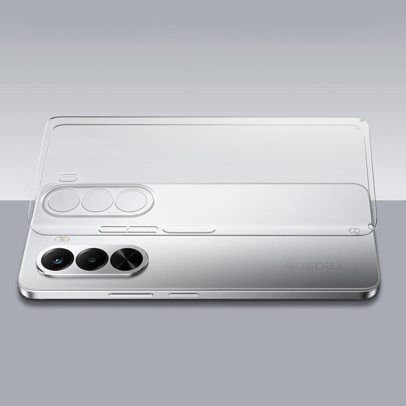 Transparent hard back case being installed on Realme P4x 5G showing perfect alignment and camera protection fit
