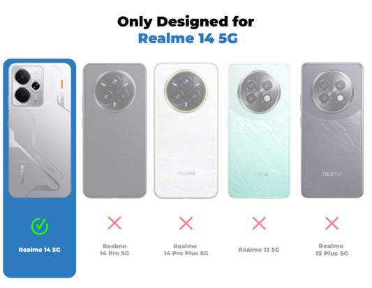 Clear hard back case compatibility guide showing fit for Realme 14 5G and not compatible with other models