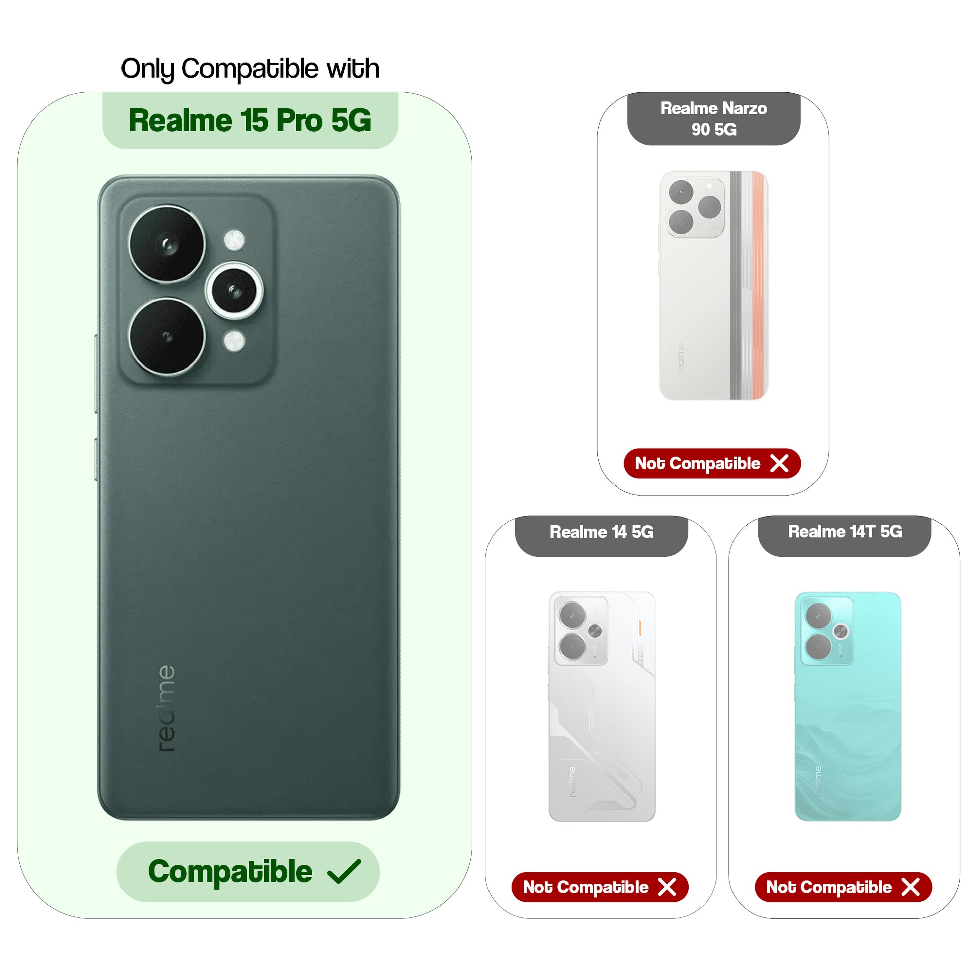 Compatibility guide showing the back cover designed only for Realme 15 Pro 5G.