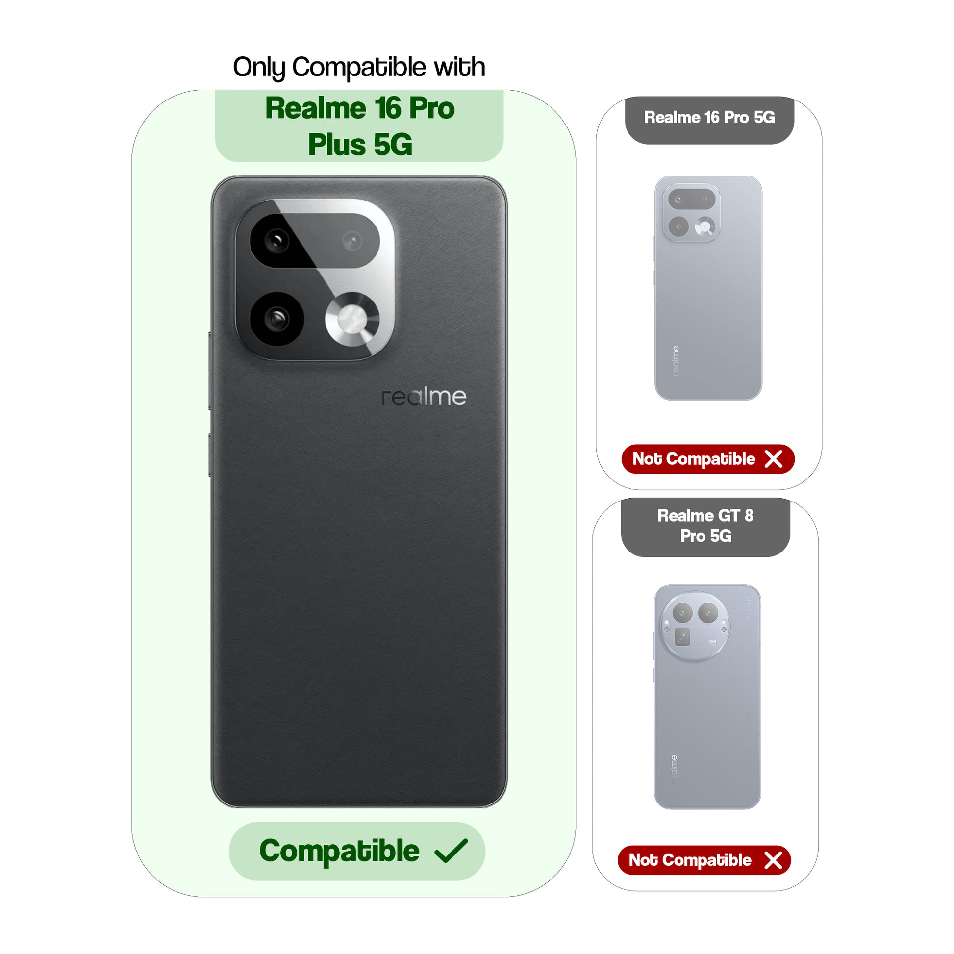Compatibility guide showing the back cover designed only for Realme 16 Pro Plus 5G.