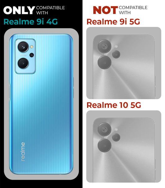 Clear hard back case compatibility guide showing fit for Realme 9i 4G and not compatible with other models