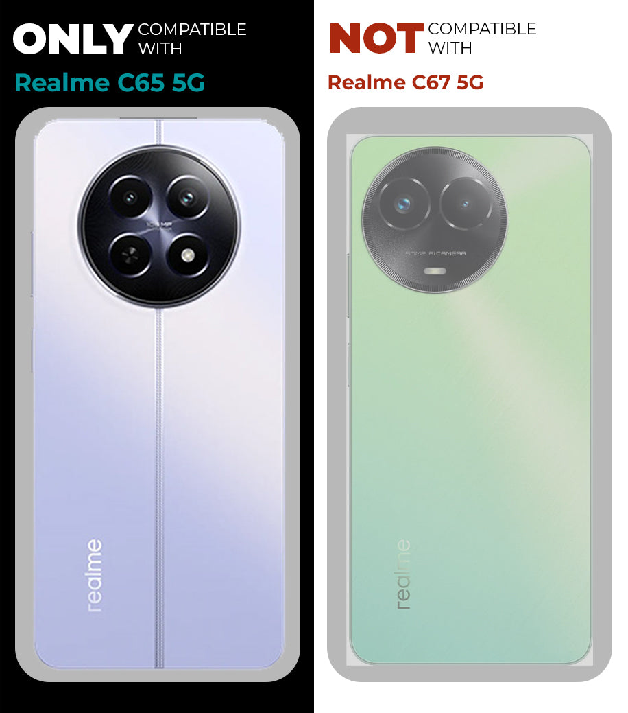 Clear hard back case compatibility guide showing fit for Realme C65 5G and not compatible with other models