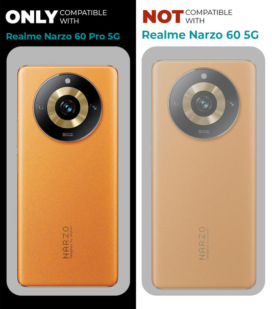 Clear hard back case compatibility guide showing fit for Realme Narzo 60 Pro 5G and not compatible with other models