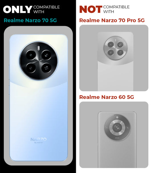 Clear hard back case compatibility guide showing fit for Realme Narzo 70 5G and not compatible with other models