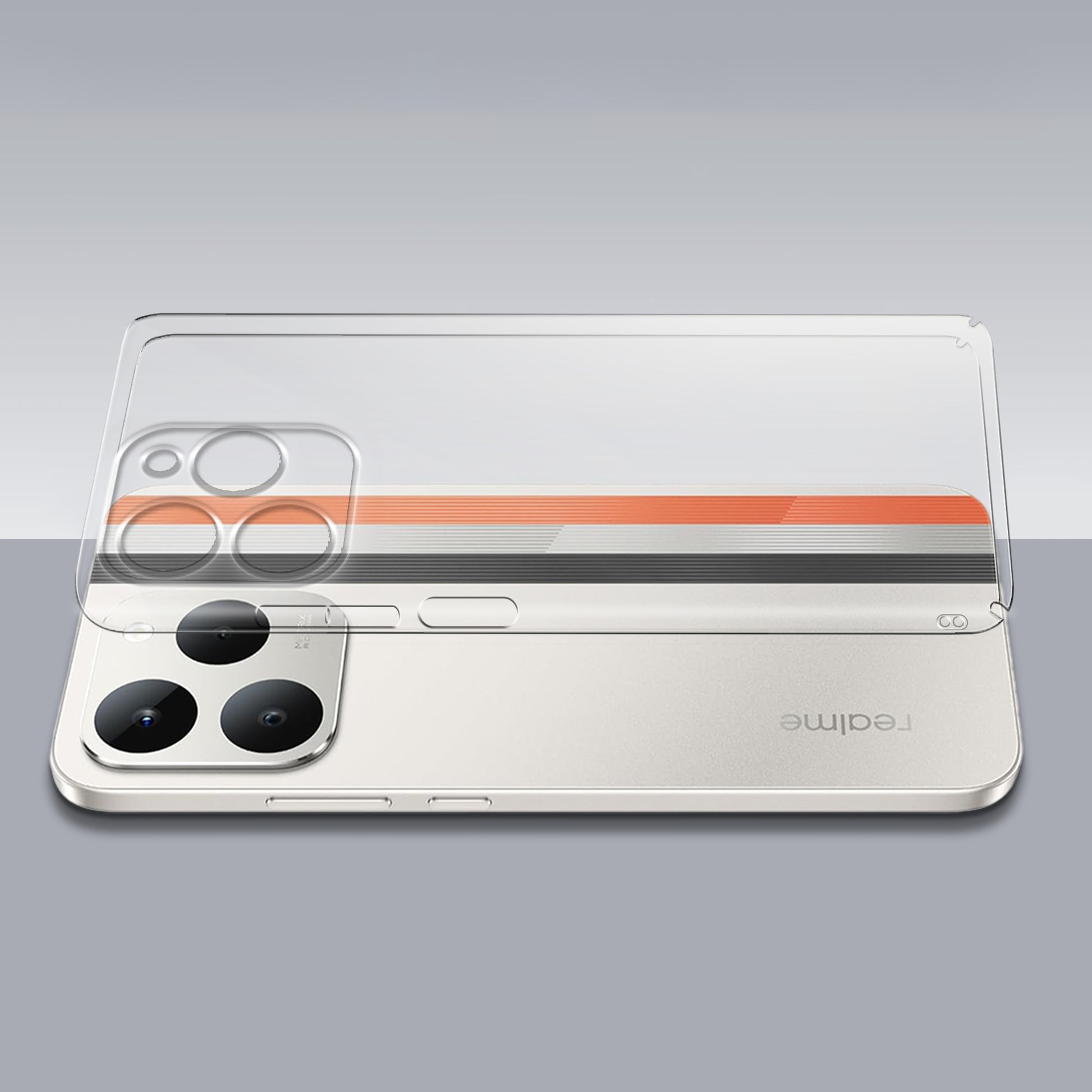 Transparent hard back case being installed on Realme Narzo 90 5G showing perfect alignment and camera protection fit