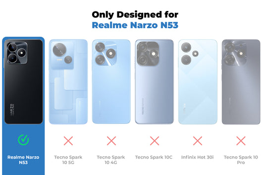 Clear hard back case compatibility guide showing fit for Realme Narzo N53 and not compatible with other models