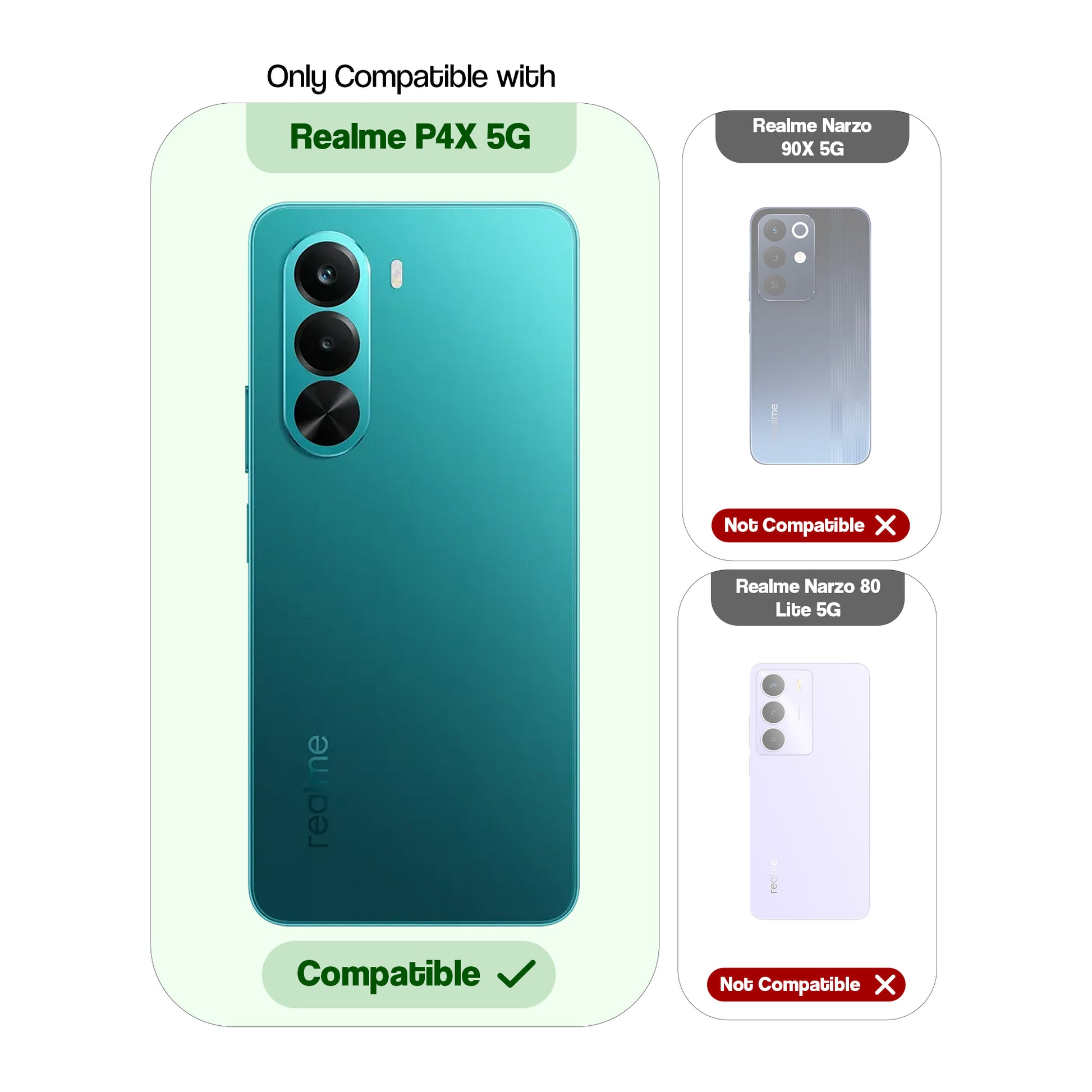 Compatibility guide showing the back cover designed only for Realme P4x 5G.