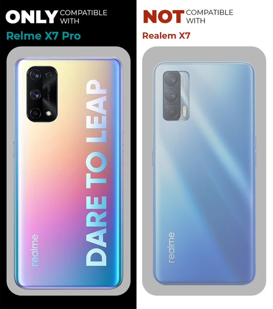 Clear hard back case compatibility guide showing fit for Realme X7 Pro and not compatible with other models