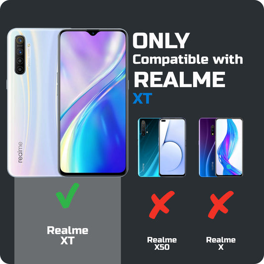 Clear hard back case compatibility guide showing fit for Realme XT and not compatible with other models