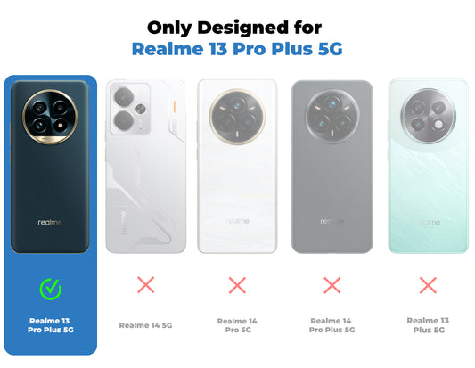 Clear hard back case compatibility guide showing fit for Realme 13 Pro Plus 5G and not compatible with other models