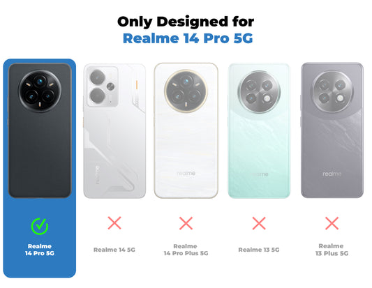 Clear hard back case compatibility guide showing fit for Realme 14 Pro 5G and not compatible with other models