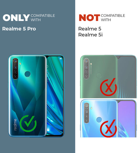 Clear hard back case compatibility guide showing fit for Realme 5 Pro and not compatible with other models