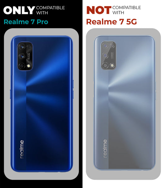 Clear hard back case compatibility guide showing fit for Realme 7 Pro 4G and not compatible with other models
