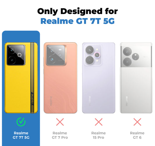 Clear hard back case compatibility guide showing fit for Realme GT 7T 5G and not compatible with other models