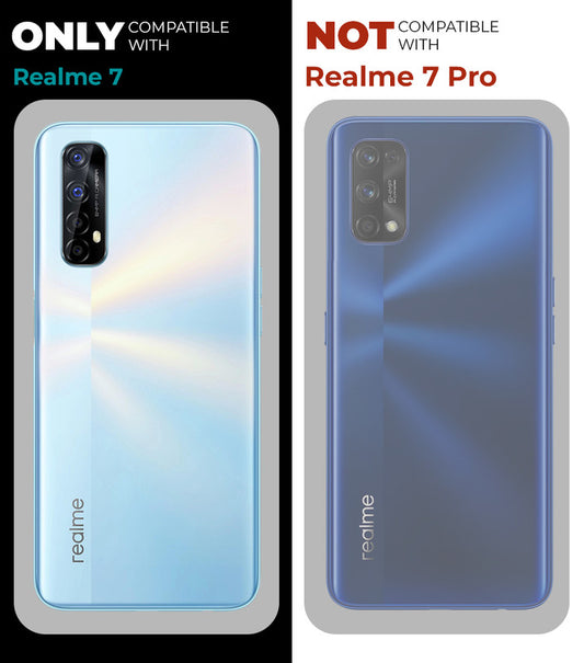 Clear hard back case compatibility guide showing fit for Realme 7 and not compatible with other models