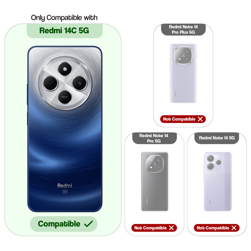 Compatibility comparison image showing Redmi 14C 5G supported, while other models are not compatible.