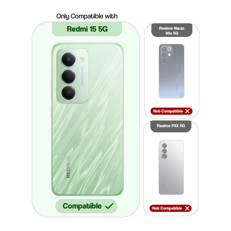 Compatibility guide showing the back cover designed only for Redmi Note 15 5G.