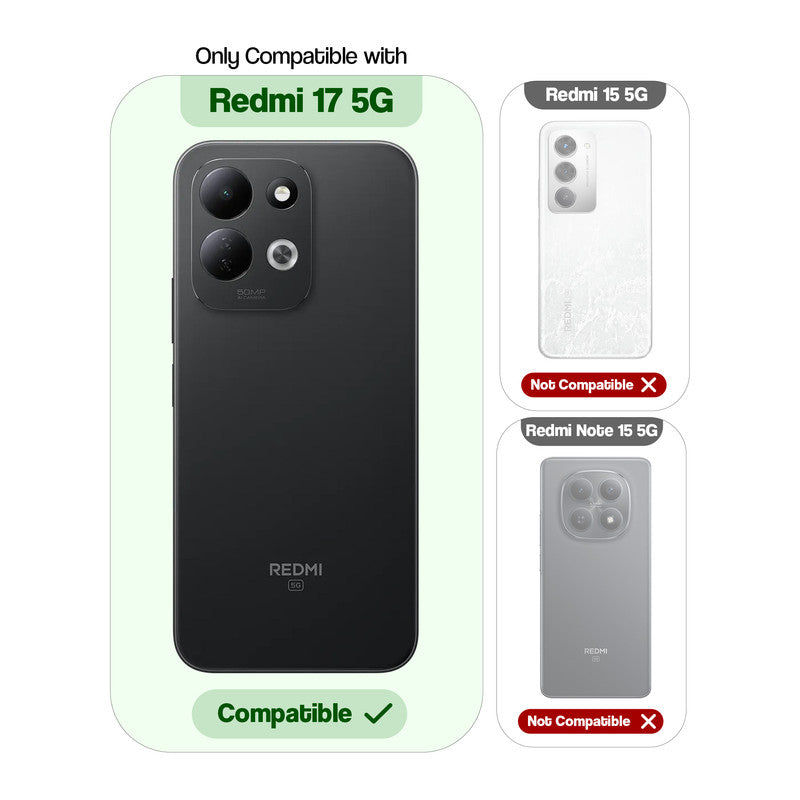 Compatibility guide showing the back cover designed only for Redmi 17 5G.