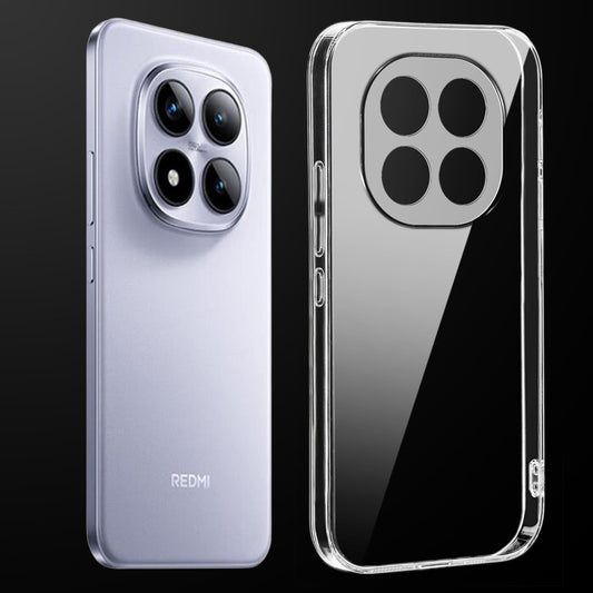 Transparent anti-yellow hard back case fitted on Redmi Note 15 Pro 5G showing full back coverage and camera protection