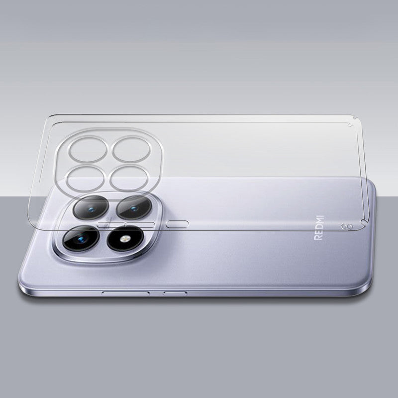 Transparent hard back case being installed on Redmi Note 15 Pro Plus 5G showing perfect alignment and camera protection fit