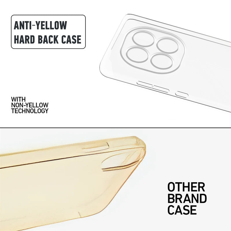 Anti-yellow hard back case comparison showing clear non-yellowing technology versus yellowed other brand case for Redmi Note 15 Pro Plus 5G