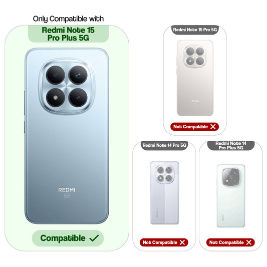 Clear hard back case compatibility guide showing fit for Redmi Note 15 Pro Plus 5G and not compatible with other models