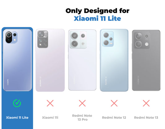 Clear hard back case compatibility guide showing fit for Redmi 11 Lite 5G and not compatible with other models