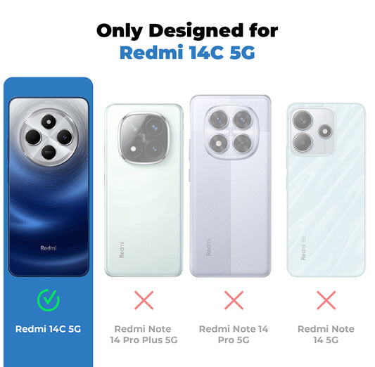 Clear hard back case compatibility guide showing fit for Redmi 14C 5G and not compatible with other models