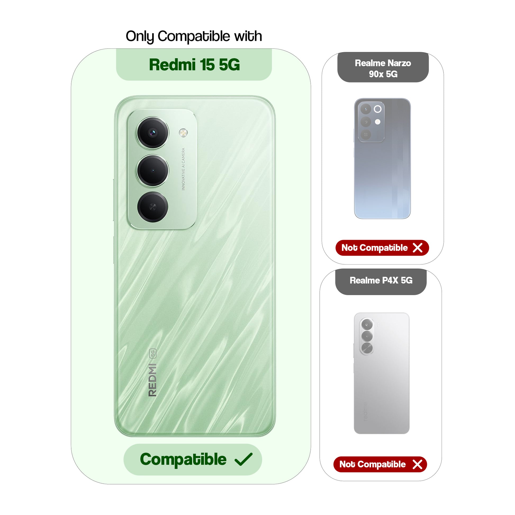Compatibility guide showing the back cover designed only for Redmi Note 15 5G.