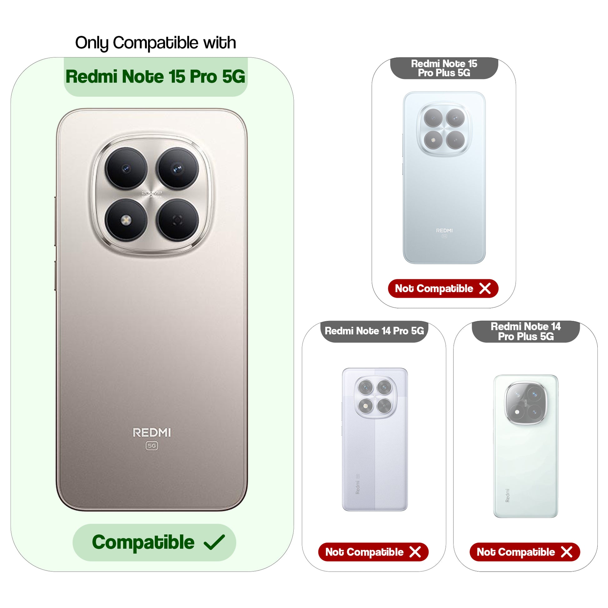 Compatibility guide showing the back cover designed only for Redmi Note 15 Pro 5G.