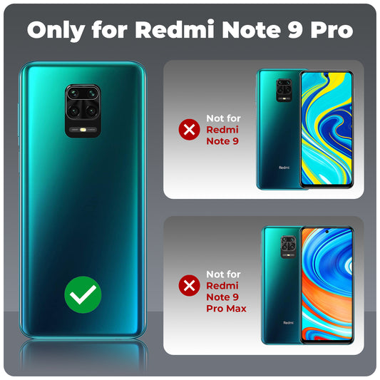 Clear hard back case compatibility guide showing fit for Redmi Note 9 Pro and not compatible with other models