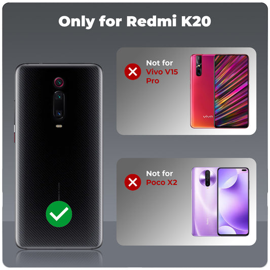 Clear hard back case compatibility guide showing fit for Redmi K20 and not compatible with other models