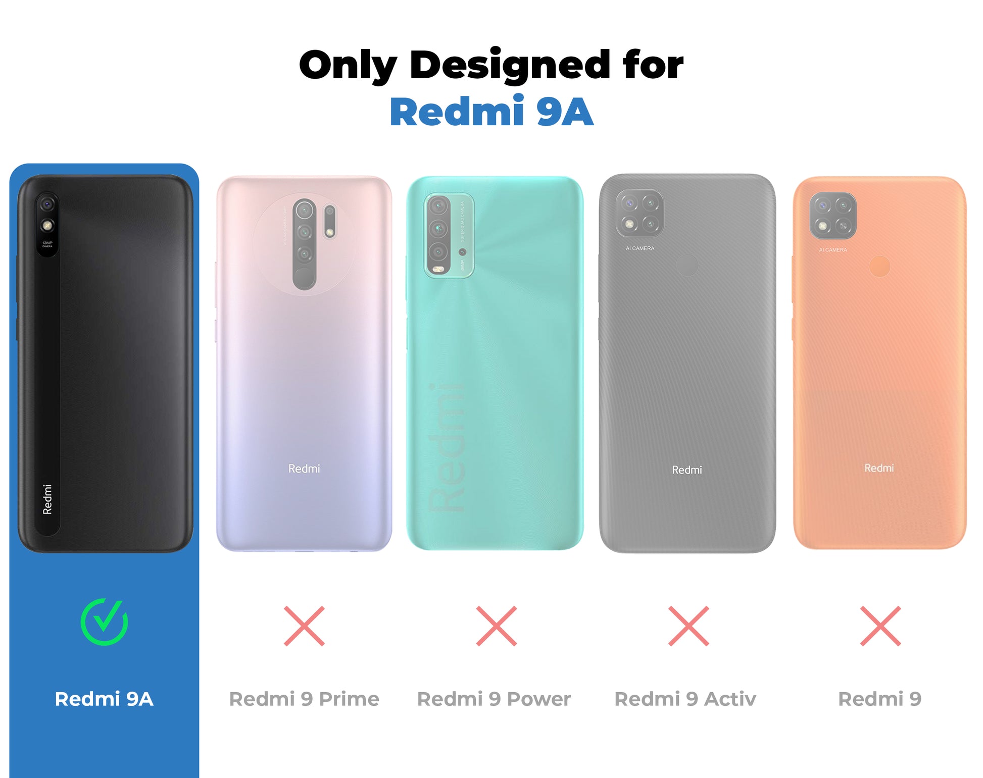 Clear hard back case compatibility guide showing fit for Redmi 9A and not compatible with other models