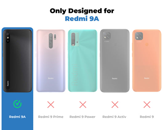Clear hard back case compatibility guide showing fit for Redmi 9A and not compatible with other models