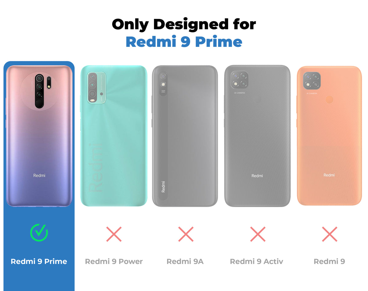 Clear hard back case compatibility guide showing fit for Redmi 9 Prime and not compatible with other models