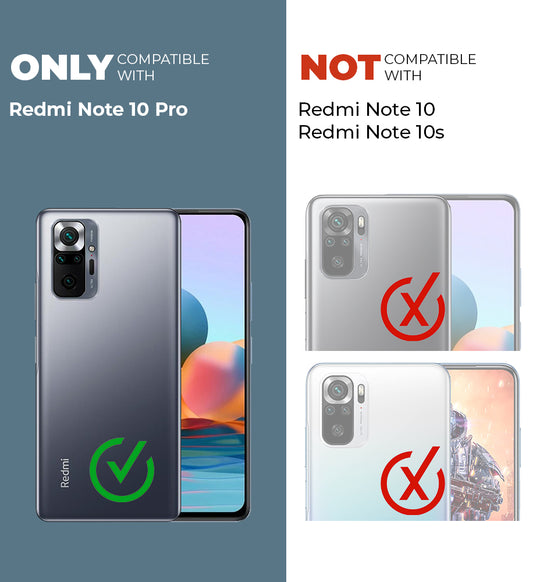 Clear hard back case compatibility guide showing fit for Redmi Note 10 Pro and not compatible with other models