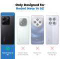 Clear hard back case compatibility guide showing fit for Redmi Note 14 5G and not compatible with other models