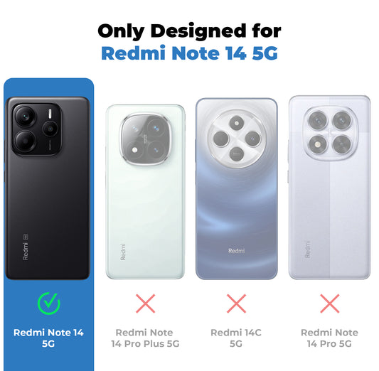 Clear hard back case compatibility guide showing fit for Redmi Note 14 5G and not compatible with other models