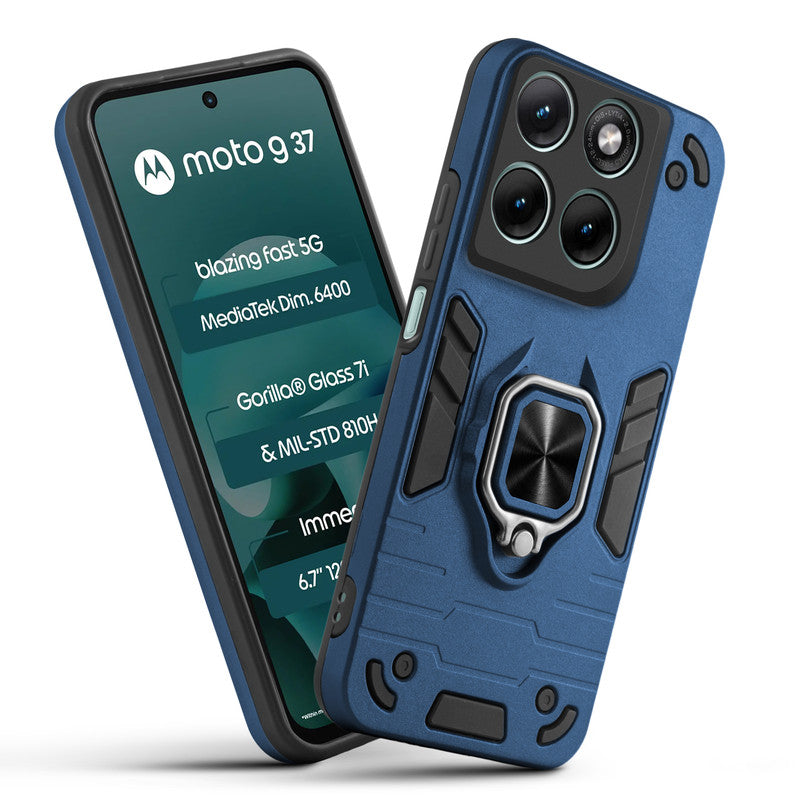 Front and back view of Motorola G37 5G fitted with a protective case and ring grip