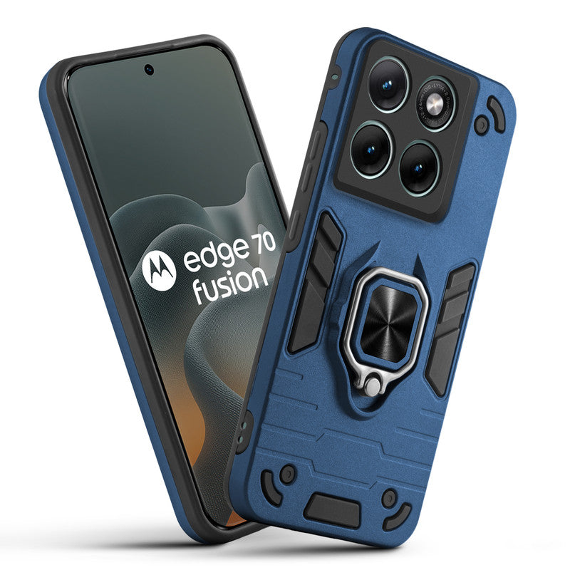 Front and back view of Motorola Moto Edge 70 Fusion 5G fitted with a protective case and ring grip