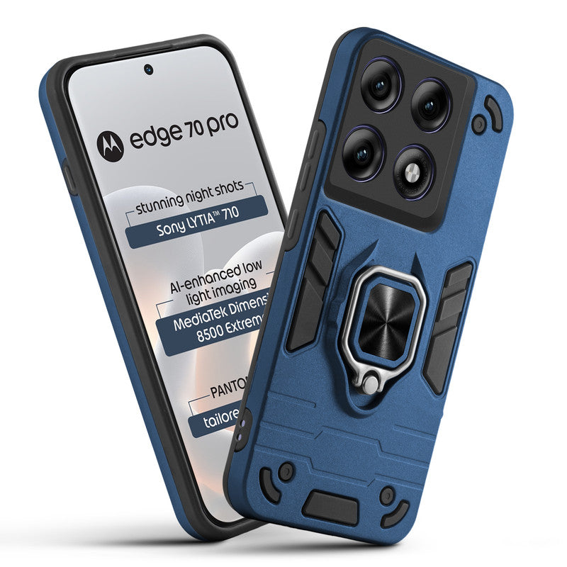 Front and back view of Motorola Moto Edge 70 Pro 5G fitted with a protective case and ring grip