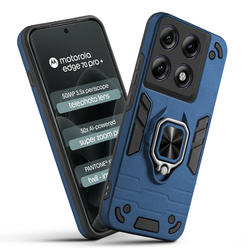 Front and back view of Motorola Moto Edge 70 Pro Plus 5G fitted with a protective case and ring grip