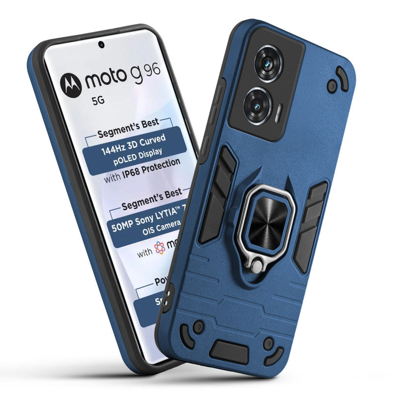 Front and back view of Motorola Moto G96 5G fitted with a protective case and ring grip