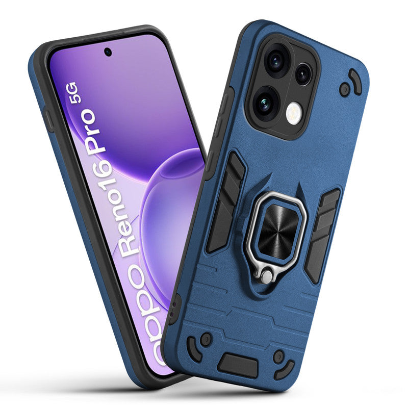 Front and back view of Oppo Reno 16 Pro 5G fitted with a protective case and ring grip